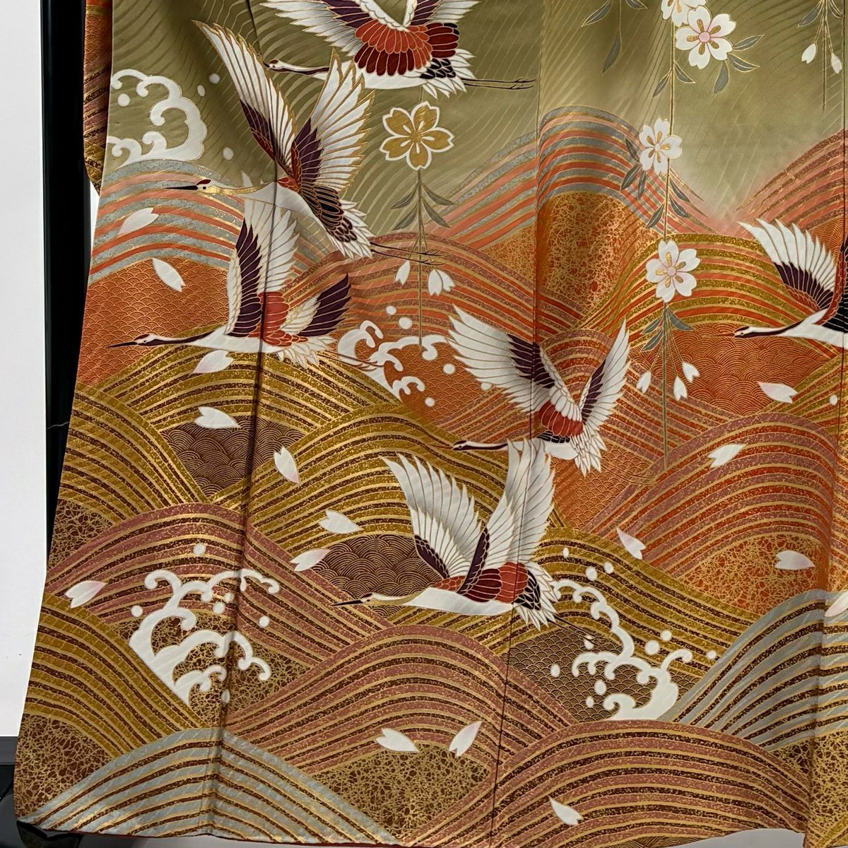 【美品】振袖禮服 身長164.5cm 袖長65cm M 雙層 仙鶴 波頭 金銀彩 漸層 鶯 綠 純蠶絲 秀品級