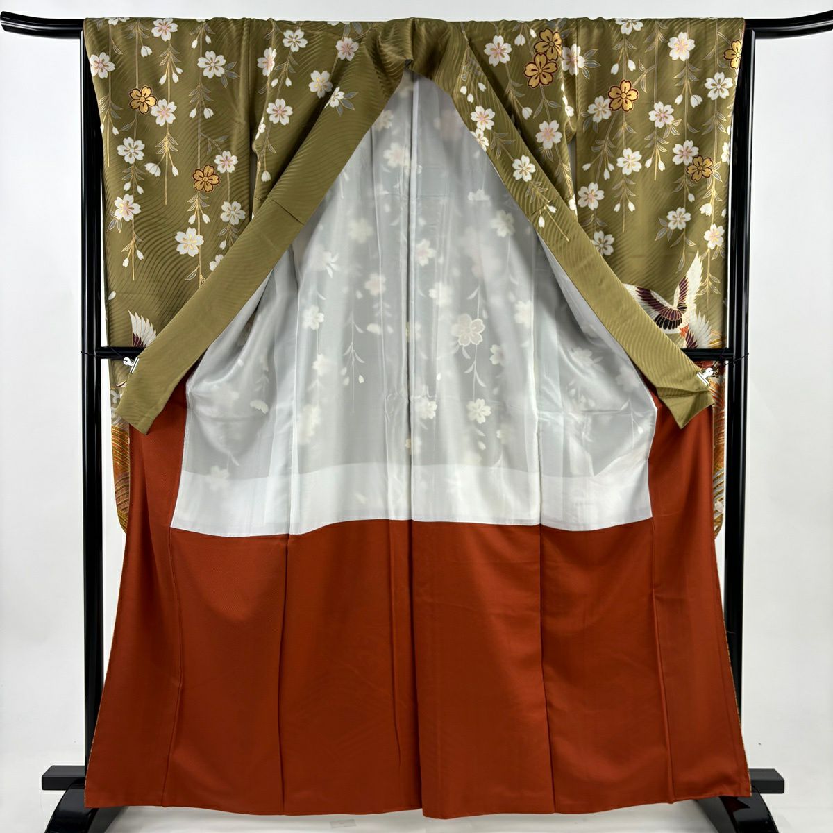 【美品】振袖禮服 身長164.5cm 袖長65cm M 雙層 仙鶴 波頭 金銀彩 漸層 鶯 綠 純蠶絲 秀品級