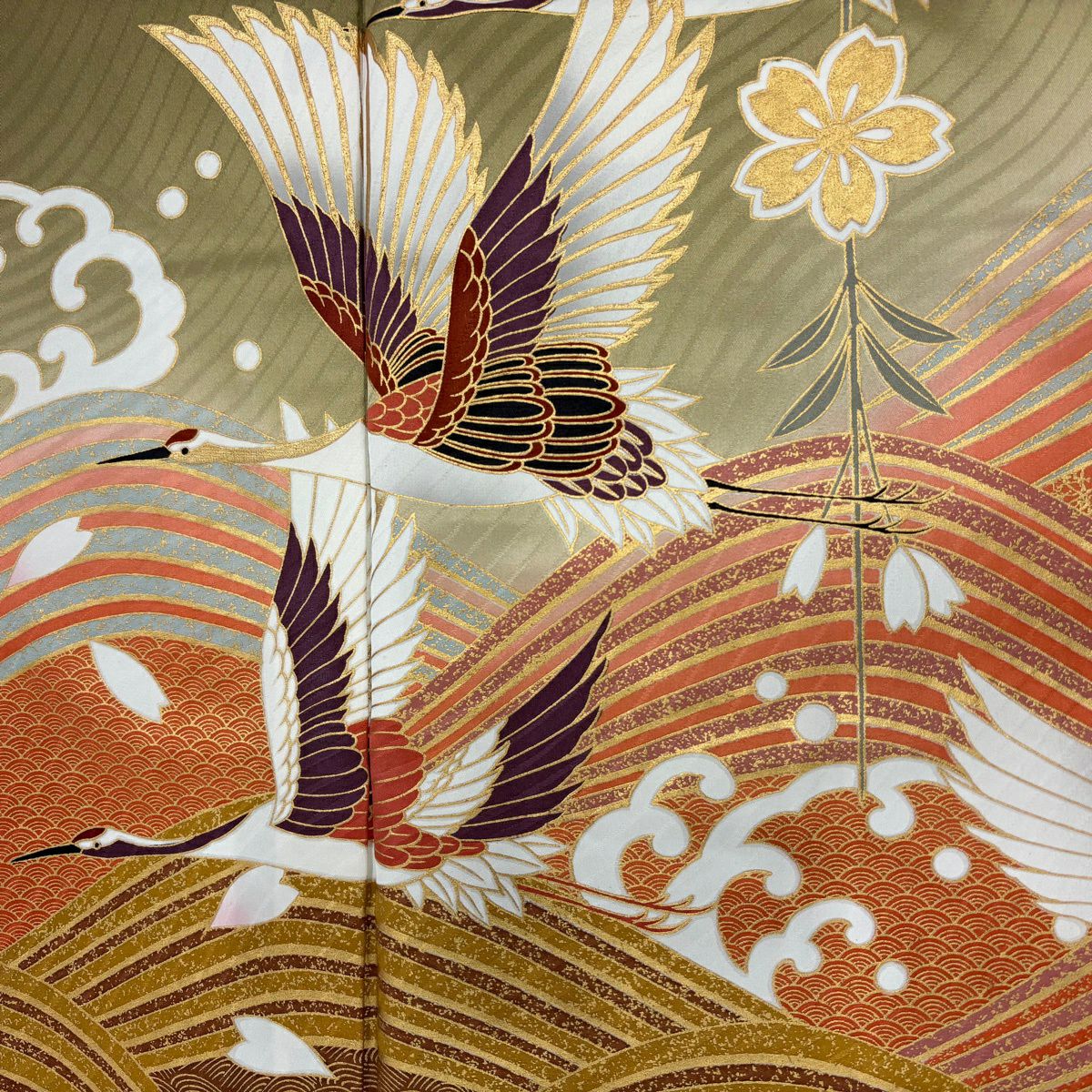 【美品】振袖禮服 身長164.5cm 袖長65cm M 雙層 仙鶴 波頭 金銀彩 漸層 鶯 綠 純蠶絲 秀品級