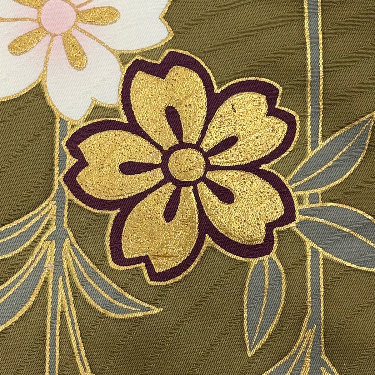 【美品】振袖禮服 身長164.5cm 袖長65cm M 雙層 仙鶴 波頭 金銀彩 漸層 鶯 綠 純蠶絲 秀品級
