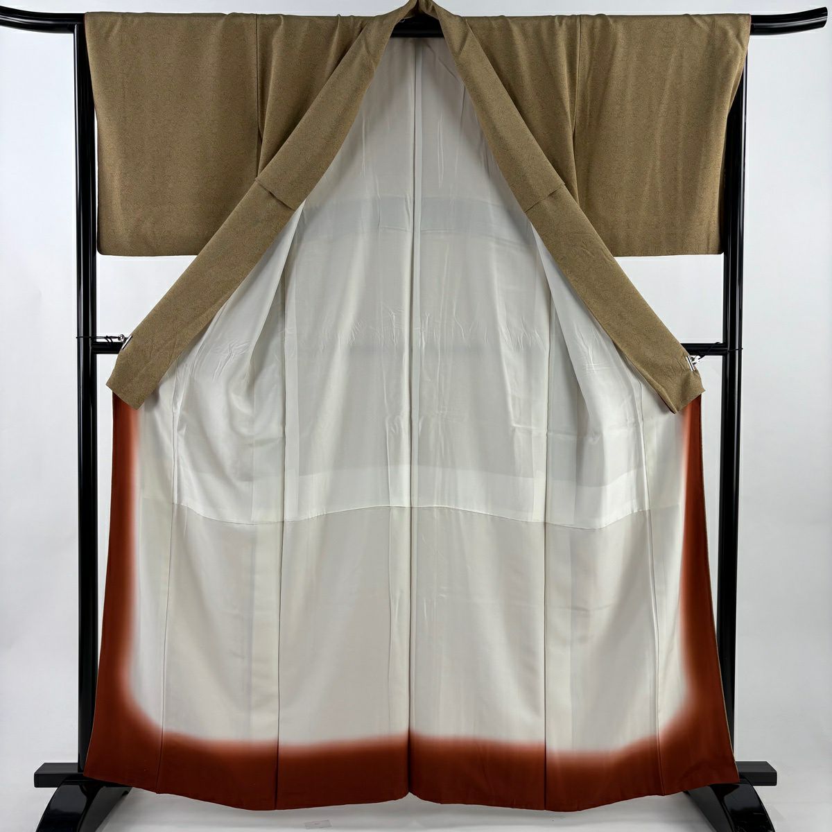 【美品】 江戶小紋 身長161cm 袖長65.5cm M 雙層 鈴乃屋 圓文 草花紋紋 山吹茶 純蠶絲 秀品級