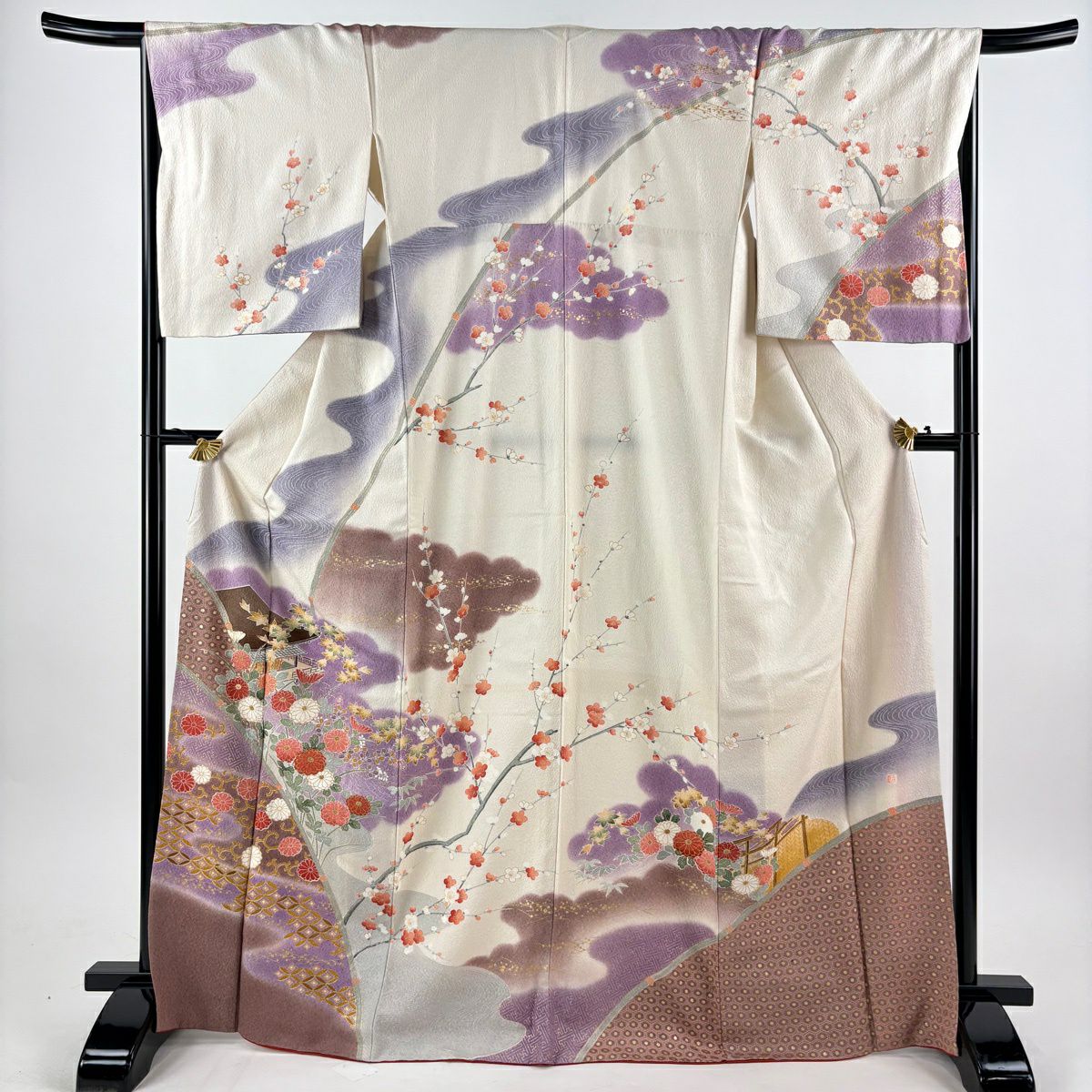 【美品】訪問服 身長168.5cm 袖長67cm M 雙層 落款あり 菊花 建物 金銀彩 漸層 奶油色 純蠶絲 優品級