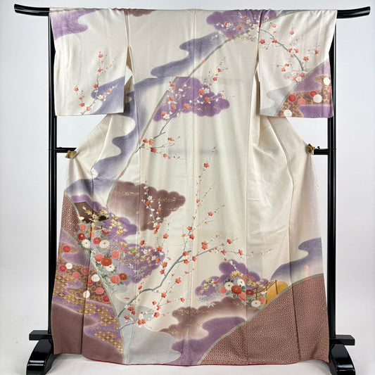 【美品】訪問服 身長168.5cm 袖長67cm M 雙層 落款あり 菊花 建物 金銀彩 漸層 奶油色 純蠶絲 優品級