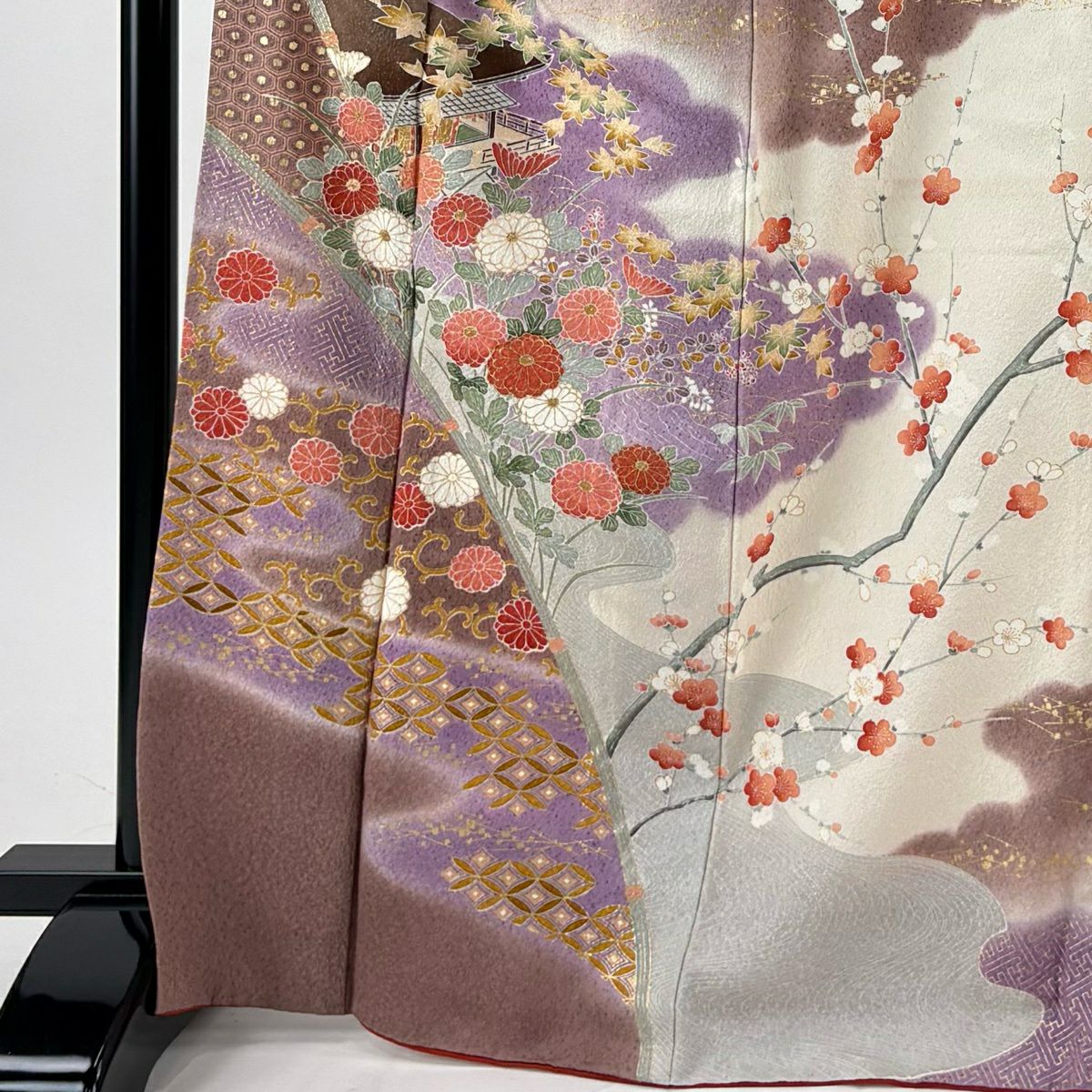 【美品】訪問服 身長168.5cm 袖長67cm M 雙層 落款あり 菊花 建物 金銀彩 漸層 奶油色 純蠶絲 優品級