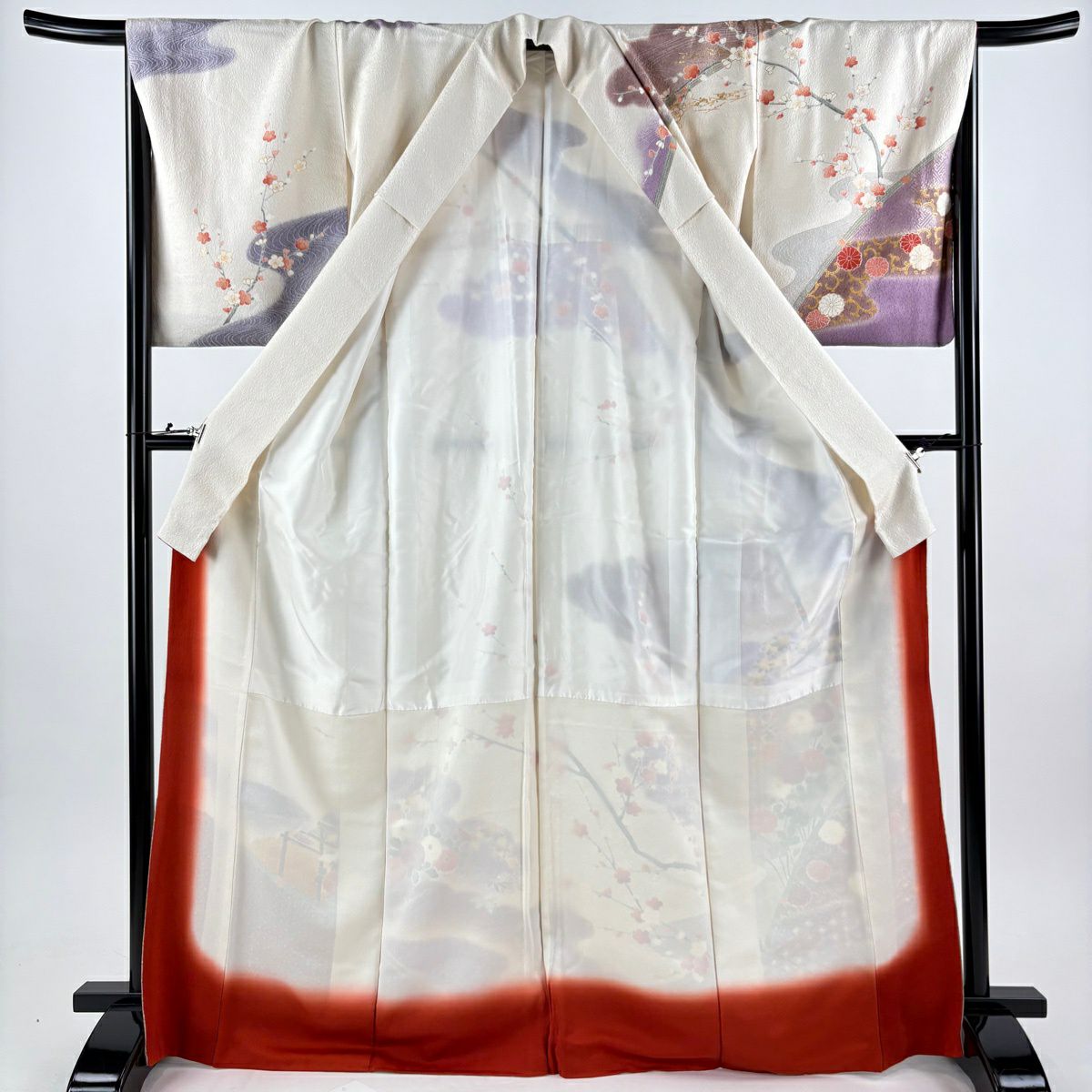 【美品】訪問服 身長168.5cm 袖長67cm M 雙層 落款あり 菊花 建物 金銀彩 漸層 奶油色 純蠶絲 優品級