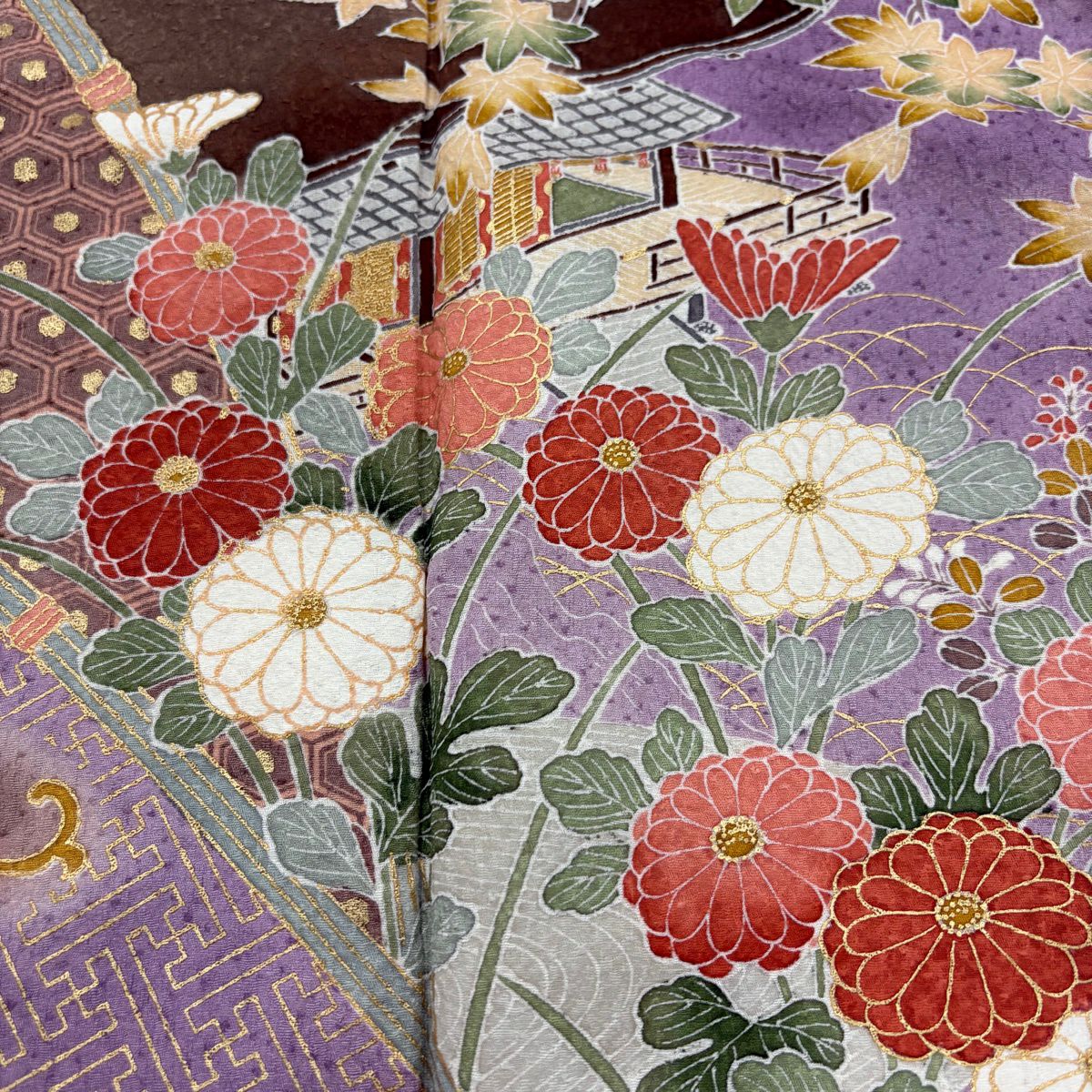 【美品】訪問服 身長168.5cm 袖長67cm M 雙層 落款あり 菊花 建物 金銀彩 漸層 奶油色 純蠶絲 優品級
