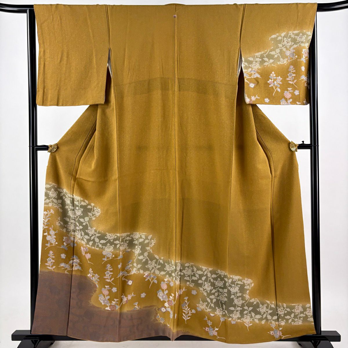 付下 身長157.5cm 袖長64.5cm M 雙層 橘花 菊花 漸層 黃土 純蠶絲 秀品級 一個紋