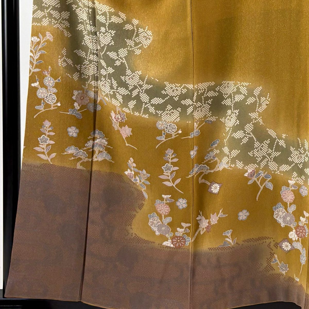 付下 身長157.5cm 袖長64.5cm M 雙層 橘花 菊花 漸層 黃土 純蠶絲 秀品級 一個紋