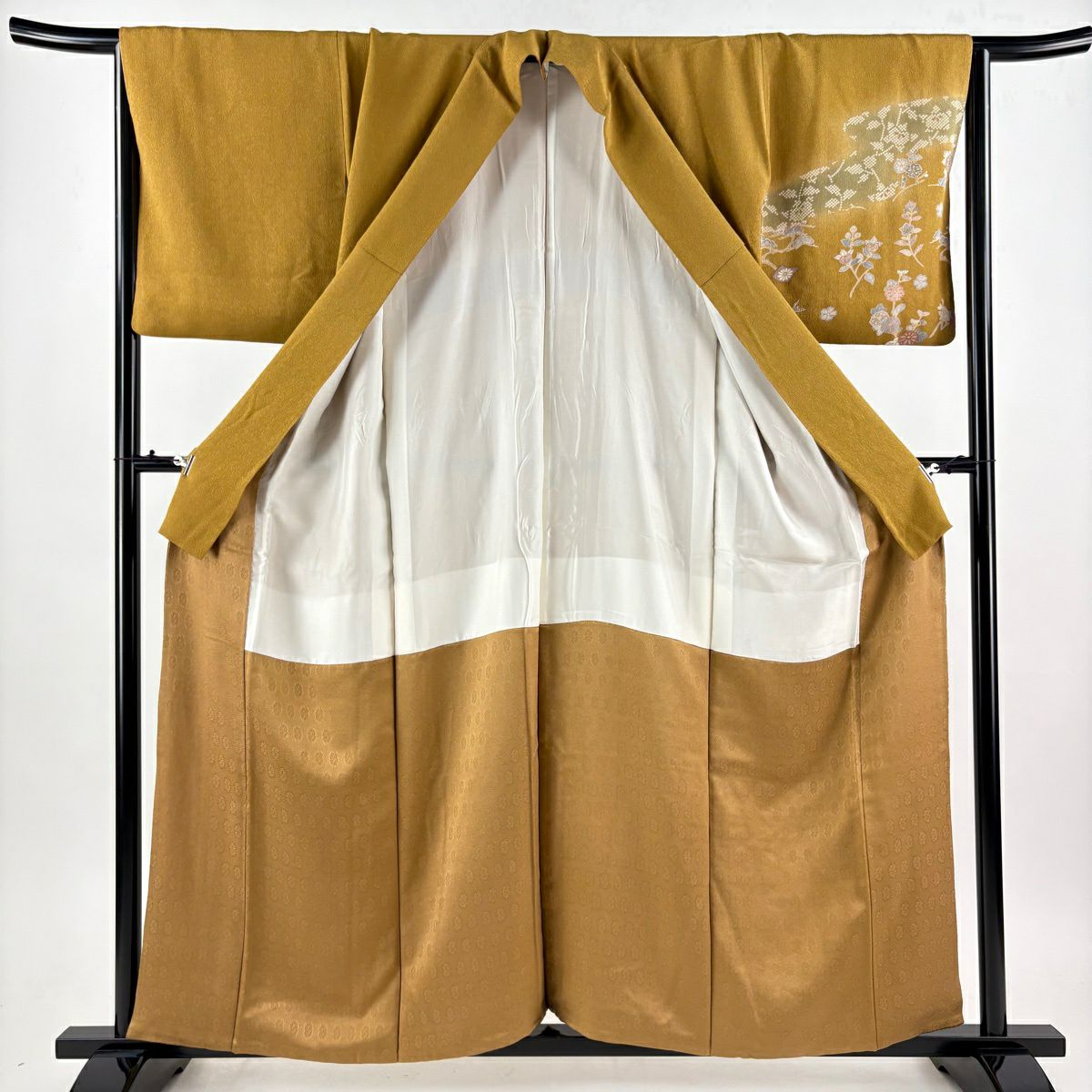 付下 身長157.5cm 袖長64.5cm M 雙層 橘花 菊花 漸層 黃土 純蠶絲 秀品級 一個紋