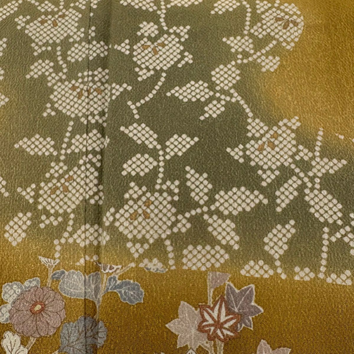 付下 身長157.5cm 袖長64.5cm M 雙層 橘花 菊花 漸層 黃土 純蠶絲 秀品級 一個紋