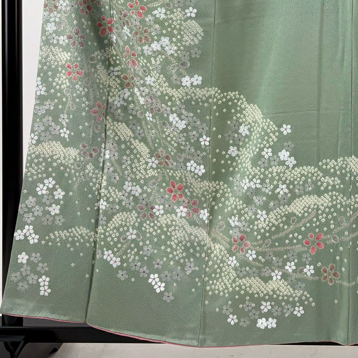 訪問服 身長158.5cm 袖長63cm S 雙層 花紋 絞染 銀彩 淺綠 純蠶絲 秀品級 一個紋