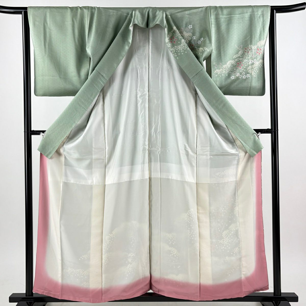 訪問服 身長158.5cm 袖長63cm S 雙層 花紋 絞染 銀彩 淺綠 純蠶絲 秀品級 一個紋