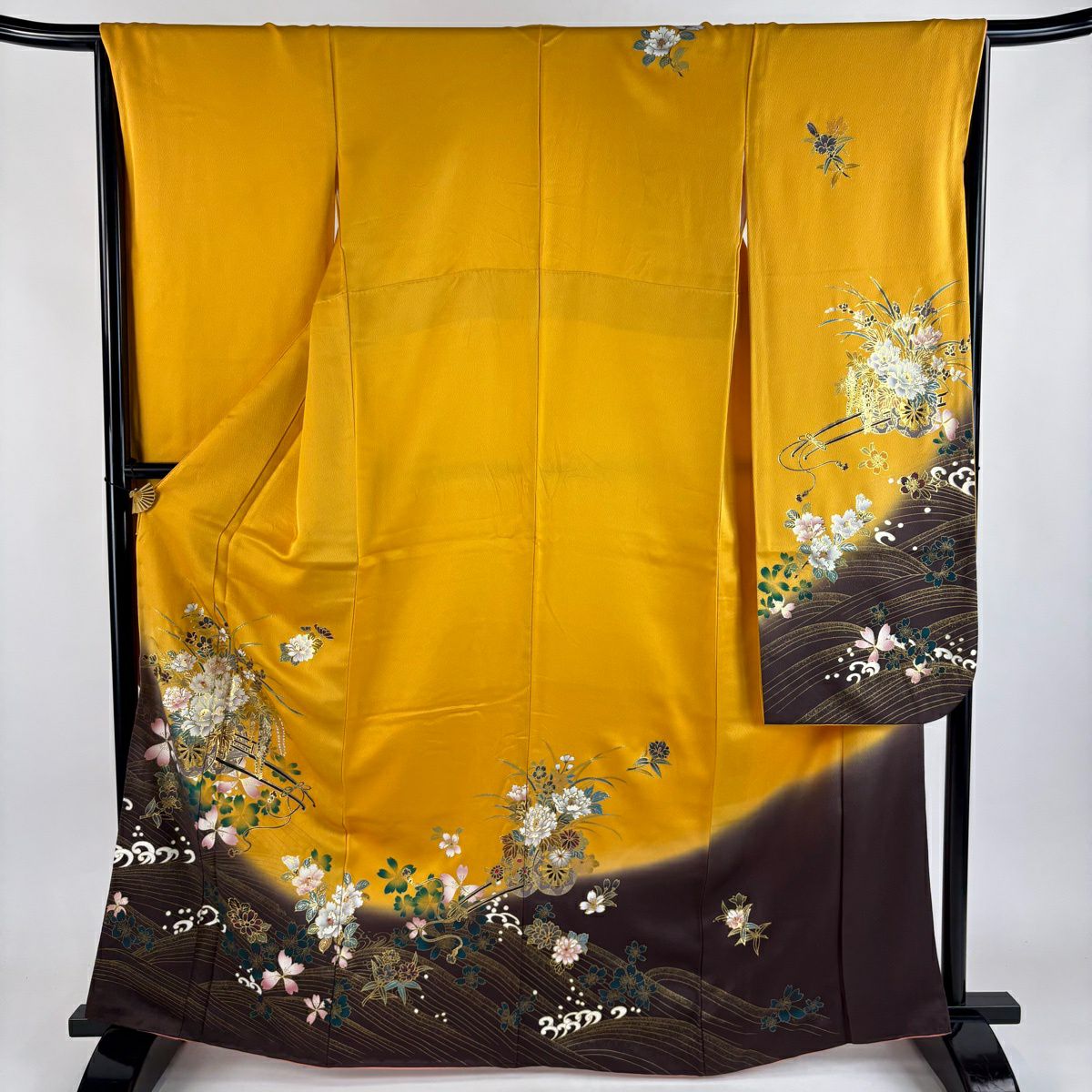 振袖禮服 身長166cm 袖長66.5cm M 雙層 花車 波 金銀彩 染分 山吹 純蠶絲 秀品級