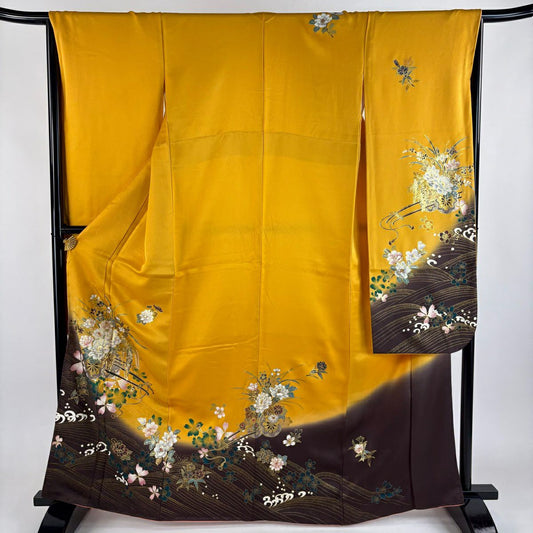 振袖禮服 身長166cm 袖長66.5cm M 雙層 花車 波 金銀彩 染分 山吹 純蠶絲 秀品級