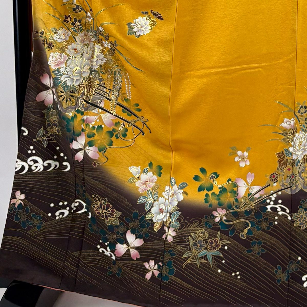 振袖禮服 身長166cm 袖長66.5cm M 雙層 花車 波 金銀彩 染分 山吹 純蠶絲 秀品級
