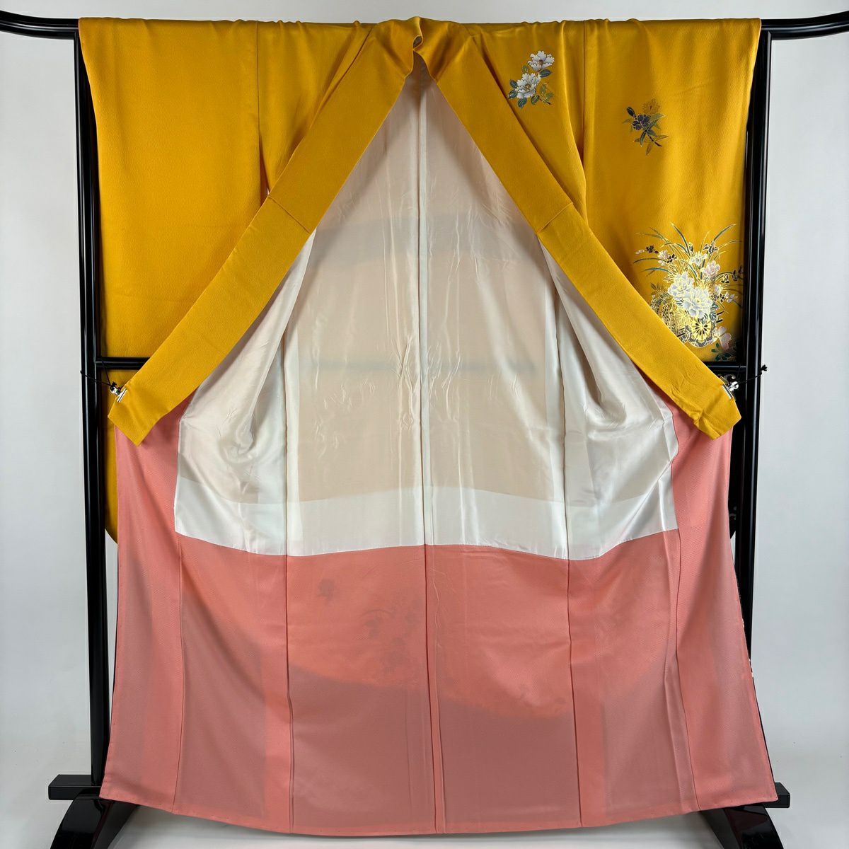 振袖禮服 身長166cm 袖長66.5cm M 雙層 花車 波 金銀彩 染分 山吹 純蠶絲 秀品級