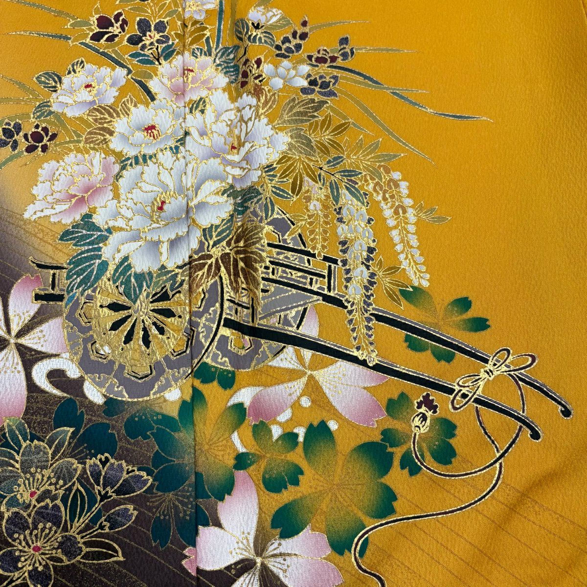 振袖禮服 身長166cm 袖長66.5cm M 雙層 花車 波 金銀彩 染分 山吹 純蠶絲 秀品級
