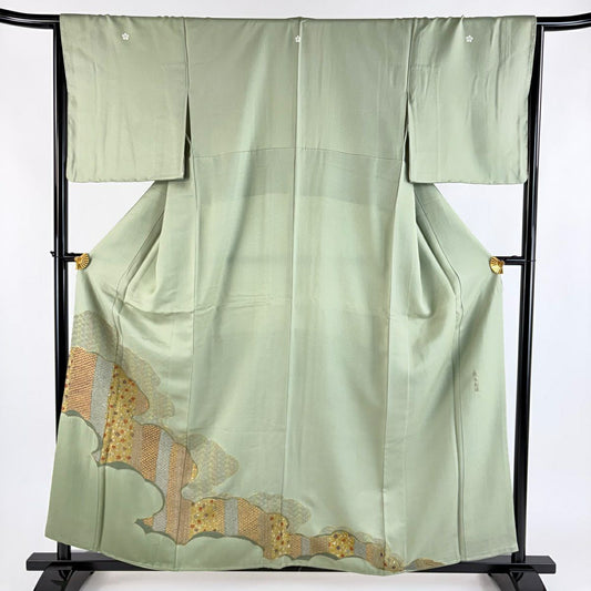 色留袖禮服 身長158.5cm 袖長66.5cm M 雙層 青海波 花唐草紋 刺繡 金銀彩 灰綠 純蠶絲 秀品級 五つ紋