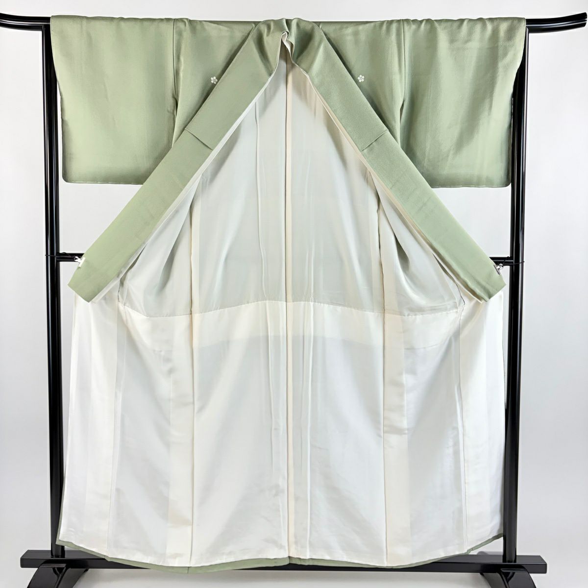 色留袖禮服 身長158.5cm 袖長66.5cm M 雙層 青海波 花唐草紋 刺繡 金銀彩 灰綠 純蠶絲 秀品級 五つ紋