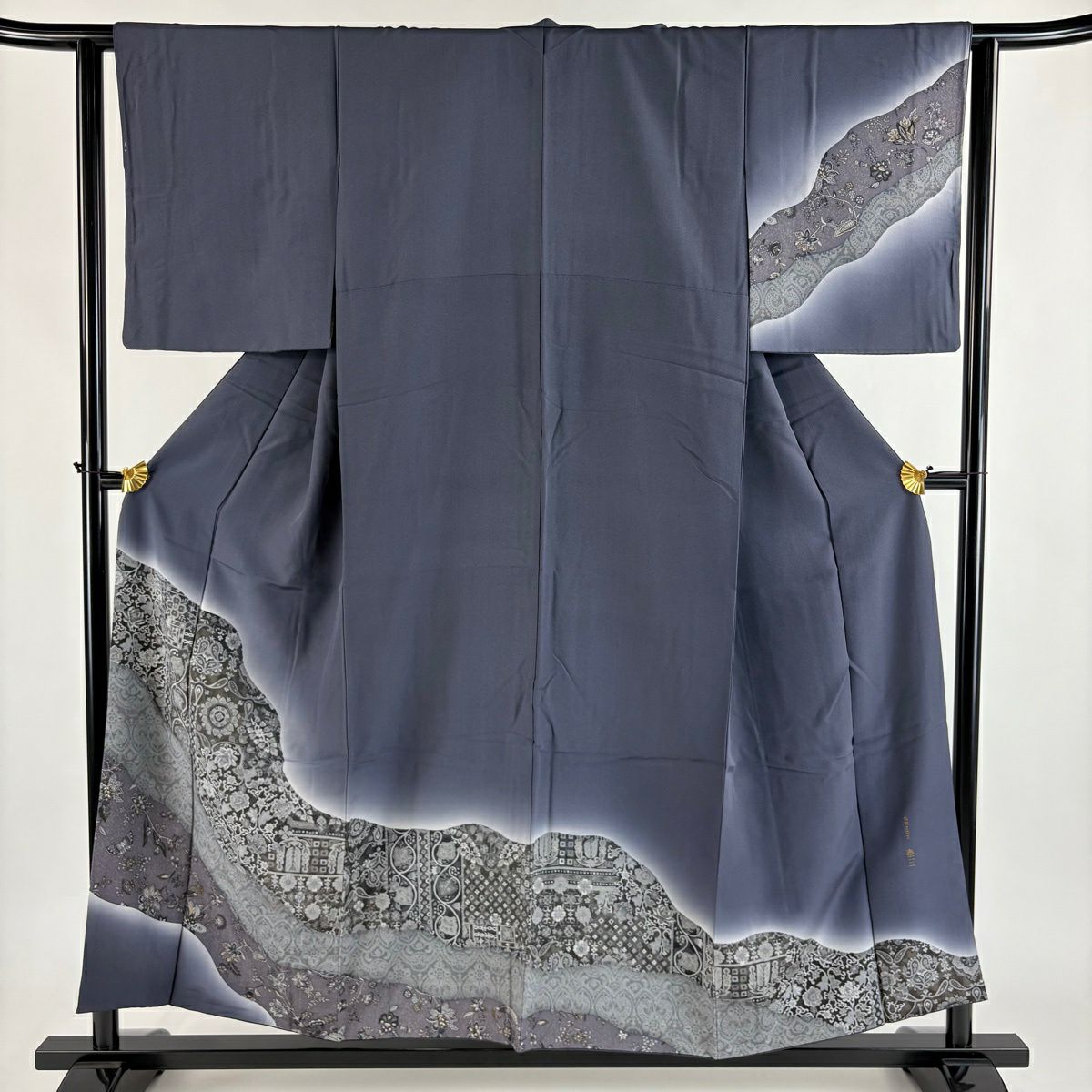 付下 身長154.5cm 袖長62.5cm S 雙層 落款 花唐草紋 花鳥 金銀彩 漸層 灰色 純蠶絲 優品級