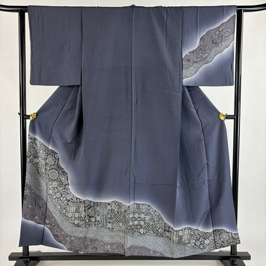 付下 身長154.5cm 袖長62.5cm S 雙層 落款 花唐草紋 花鳥 金銀彩 漸層 灰色 純蠶絲 優品級