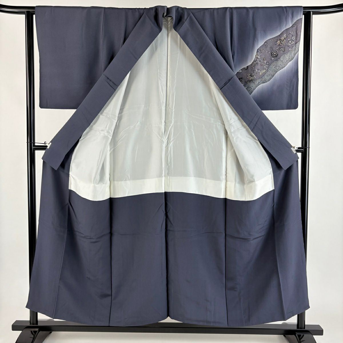 付下 身長154.5cm 袖長62.5cm S 雙層 落款 花唐草紋 花鳥 金銀彩 漸層 灰色 純蠶絲 優品級