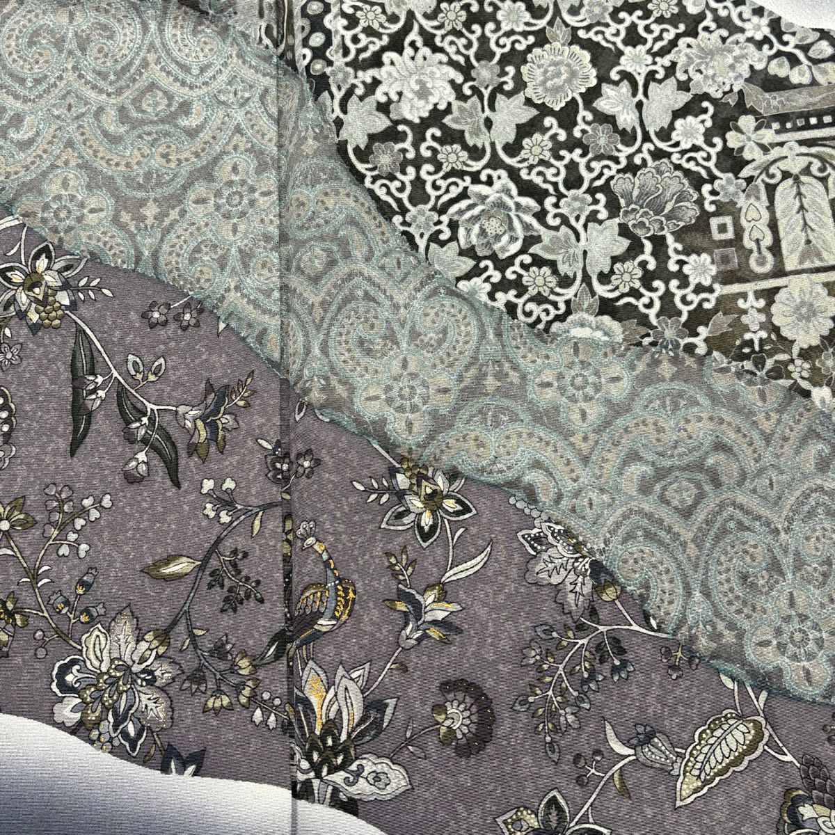 付下 身長154.5cm 袖長62.5cm S 雙層 落款 花唐草紋 花鳥 金銀彩 漸層 灰色 純蠶絲 優品級