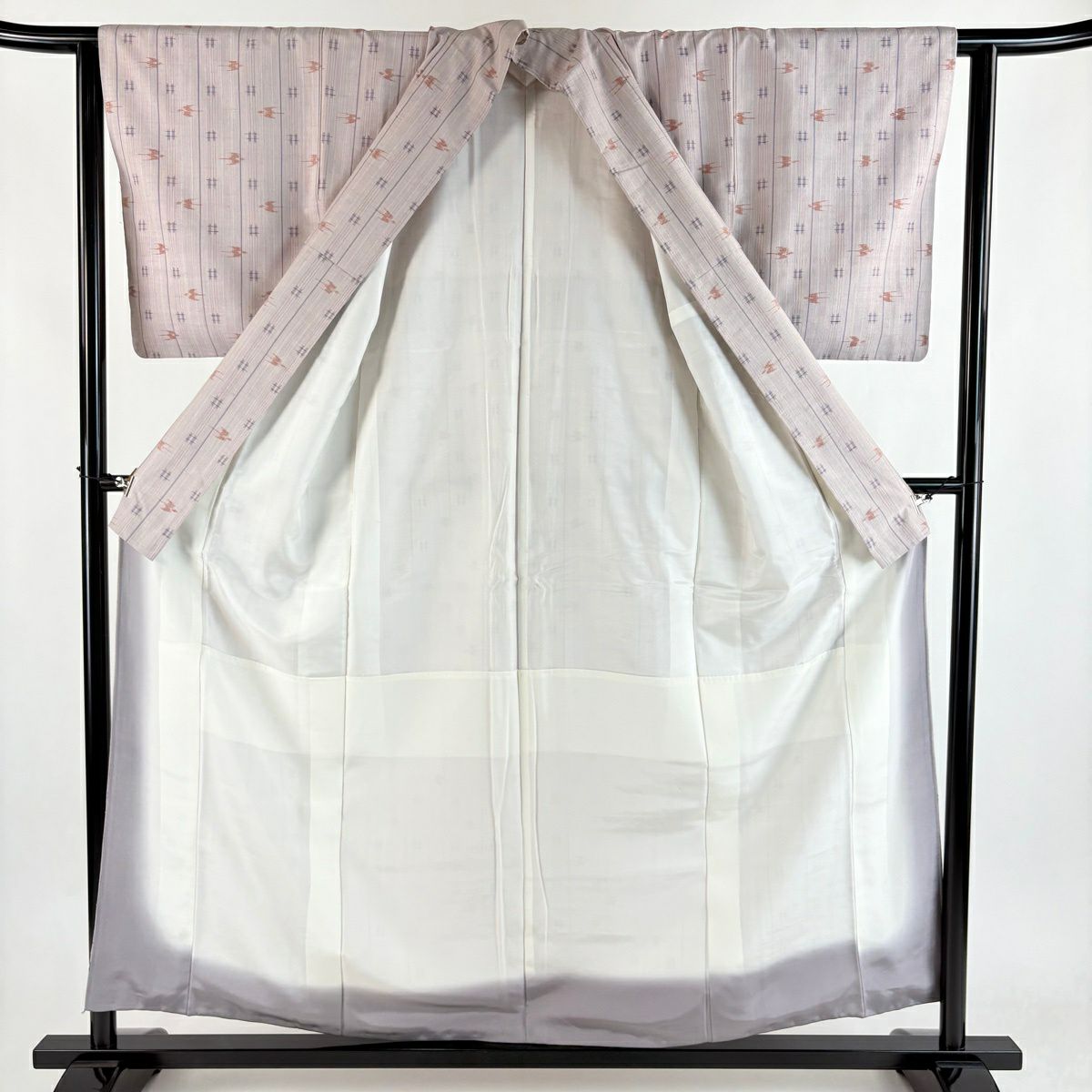 【美品】 紬織 身長157cm 袖長63cm S 雙層 燕 縱條 薄紫 純蠶絲 秀品級