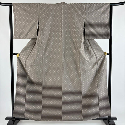 【美品】 付下 身長161cm 袖長63.5cm S 雙層 紬織織 鈕襟 段紋 灰茶 純蠶絲 優品級