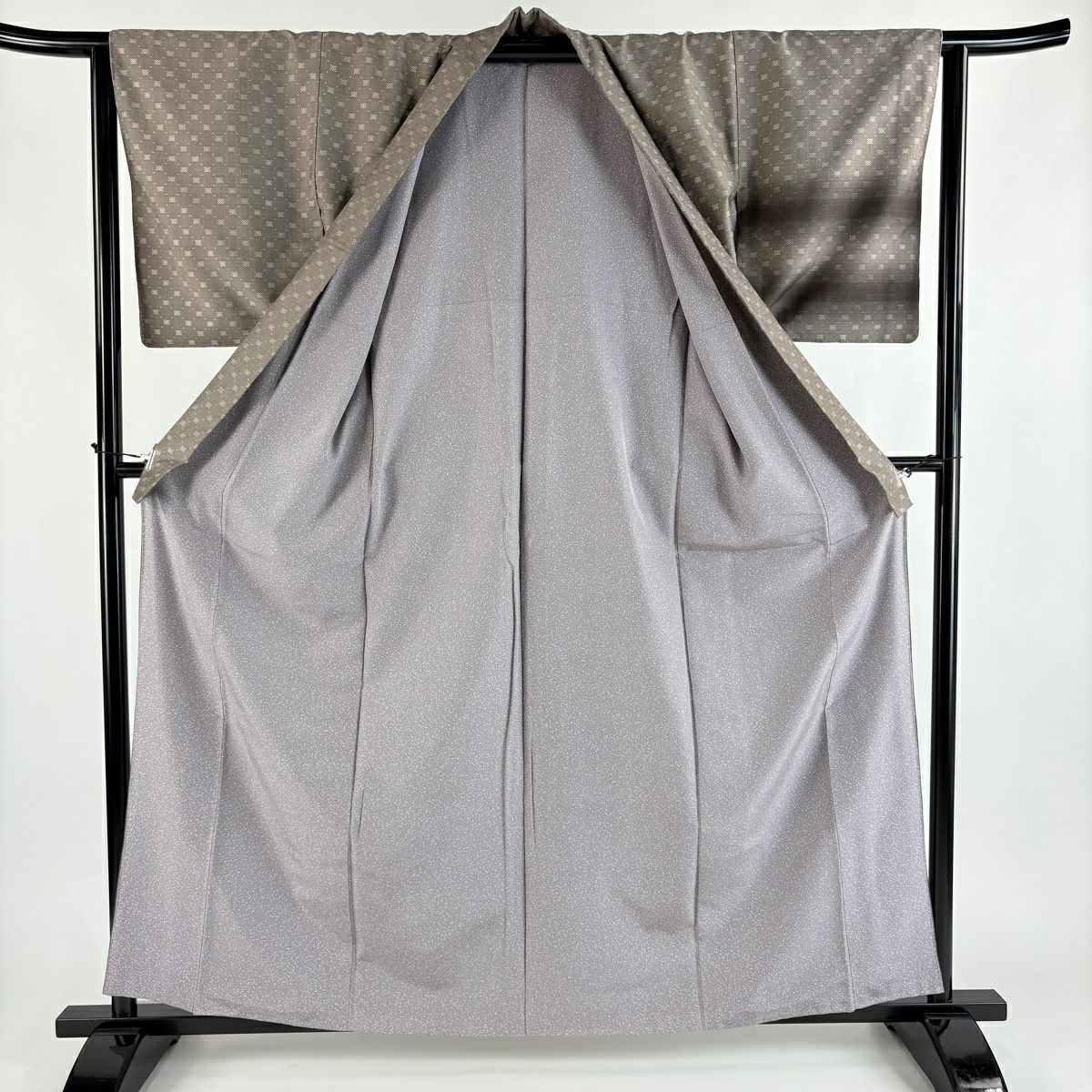 【美品】 付下 身長161cm 袖長63.5cm S 雙層 紬織織 鈕襟 段紋 灰茶 純蠶絲 優品級