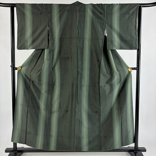 【美品】 紬織 身長157cm 袖長63.5cm S 雙層 縦ぼかし 燕 深綠 純蠶絲 秀品級
