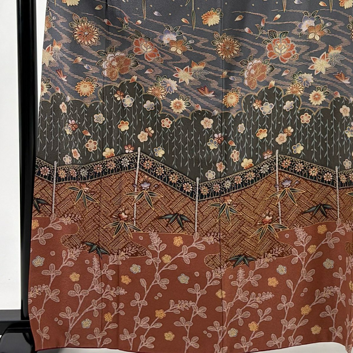 訪問服 身長164cm 袖長66.5cm M 雙層 草花紋紋 笹 金彩裝飾 染分 灰色 純蠶絲 秀品級