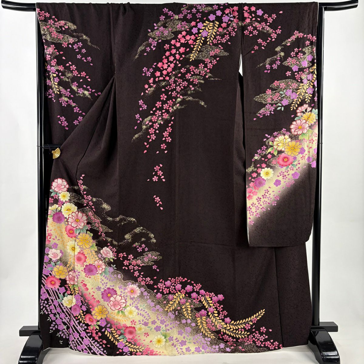 振袖禮服 身長167.5cm 袖長67.5cm L 雙層 草花紋紋 霞 金金箔 金銀彩 焦茶 純蠶絲 秀品級