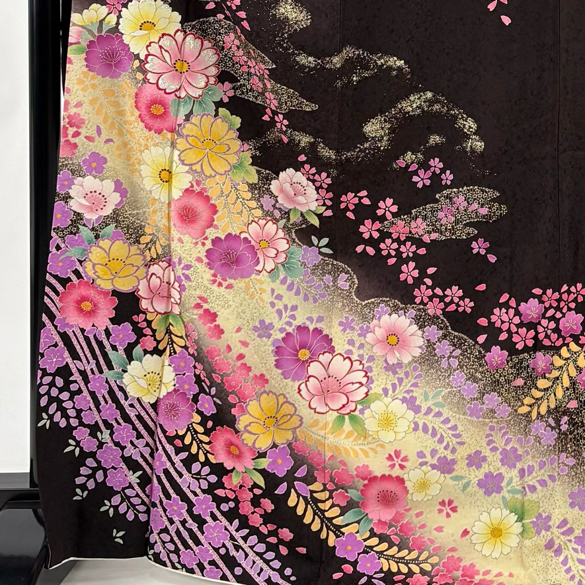 振袖禮服 身長167.5cm 袖長67.5cm L 雙層 草花紋紋 霞 金金箔 金銀彩 焦茶 純蠶絲 秀品級