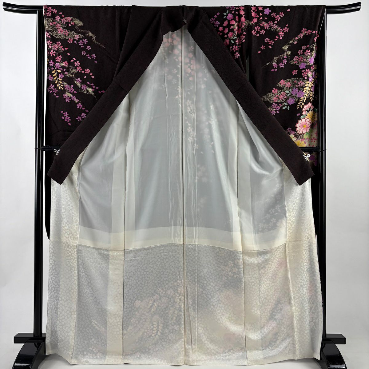 振袖禮服 身長167.5cm 袖長67.5cm L 雙層 草花紋紋 霞 金金箔 金銀彩 焦茶 純蠶絲 秀品級