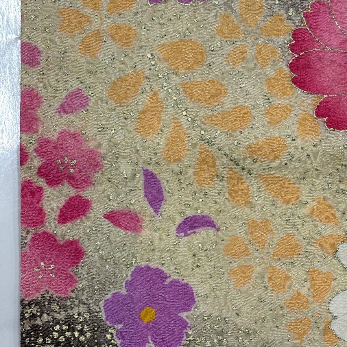振袖禮服 身長167.5cm 袖長67.5cm L 雙層 草花紋紋 霞 金金箔 金銀彩 焦茶 純蠶絲 秀品級