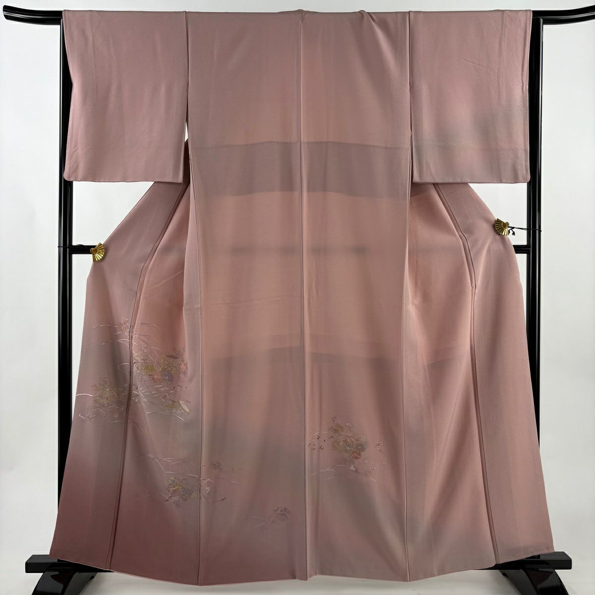 付下 身長159.5cm 袖長65cm M 雙層 貝桶 菊花 金糸 刺繡 粉紅 純蠶絲 秀品級
