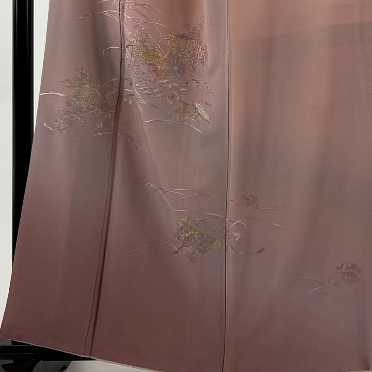 付下 身長159.5cm 袖長65cm M 雙層 貝桶 菊花 金糸 刺繡 粉紅 純蠶絲 秀品級