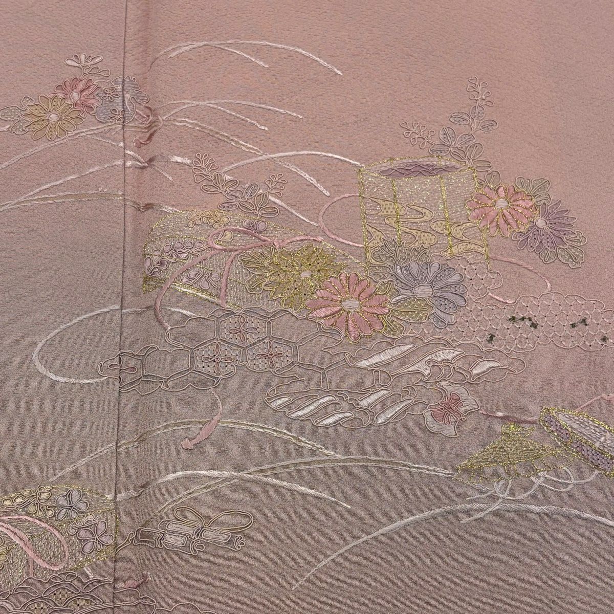 付下 身長159.5cm 袖長65cm M 雙層 貝桶 菊花 金糸 刺繡 粉紅 純蠶絲 秀品級