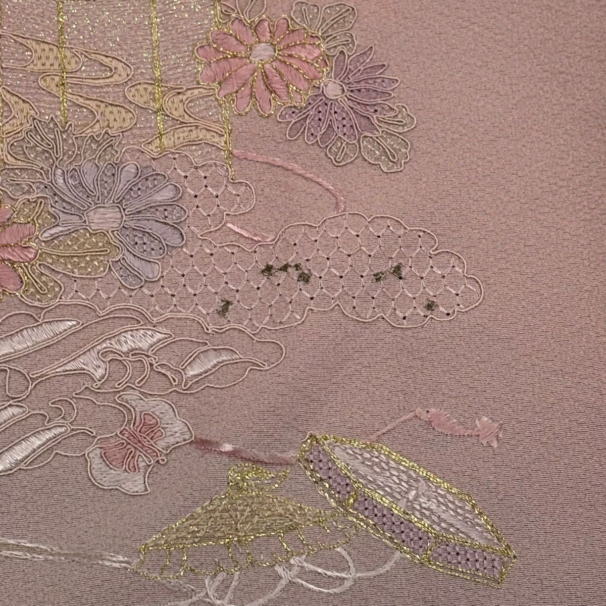 付下 身長159.5cm 袖長65cm M 雙層 貝桶 菊花 金糸 刺繡 粉紅 純蠶絲 秀品級