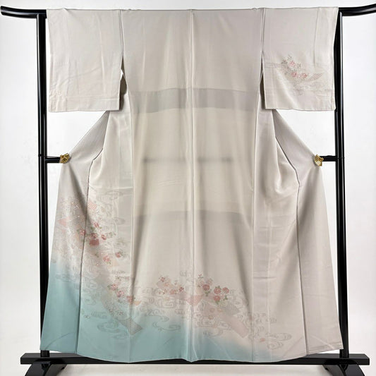 付下 身長157.5cm 袖長64cm M 雙層 短冊 草花紋紋 刺繡 漸層 灰紫 純蠶絲 優品級
