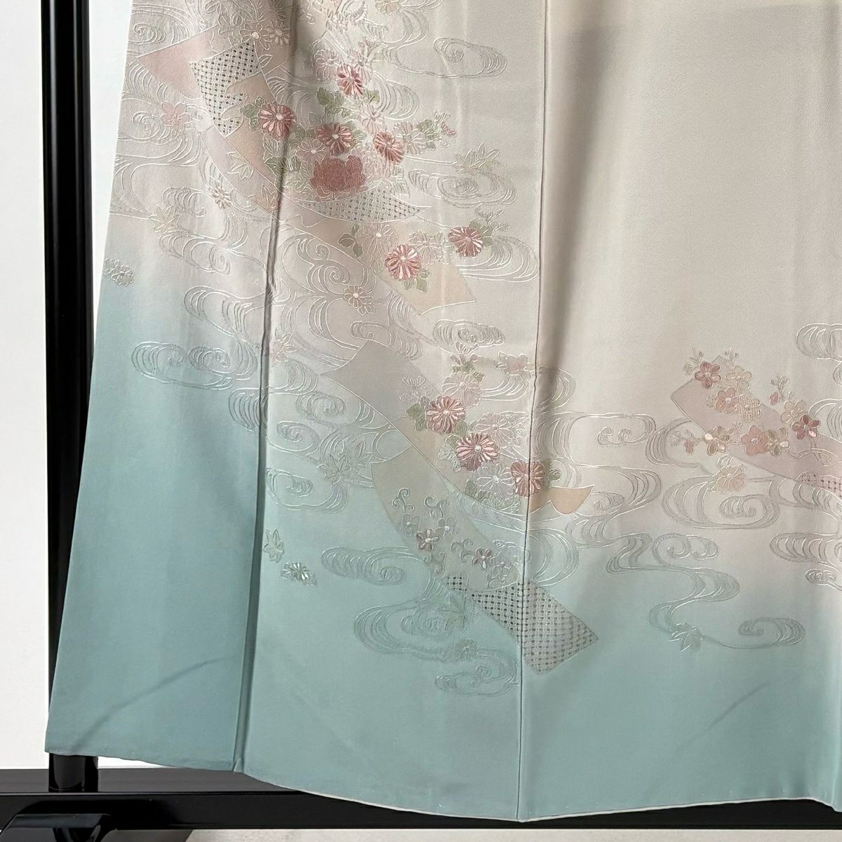 付下 身長157.5cm 袖長64cm M 雙層 短冊 草花紋紋 刺繡 漸層 灰紫 純蠶絲 優品級