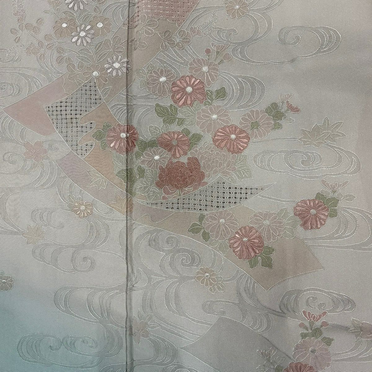 付下 身長157.5cm 袖長64cm M 雙層 短冊 草花紋紋 刺繡 漸層 灰紫 純蠶絲 優品級