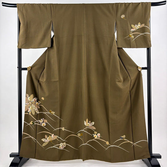 付下 身長162cm 袖長67cm M 雙層 草花紋紋 芝 絞織 茶綠 純蠶絲 秀品級