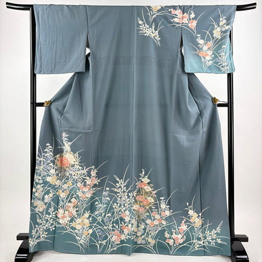 訪問服 身長169cm 袖長67cm M 雙層 秋草 金彩裝飾 漸層 青灰 純蠶絲 秀品級