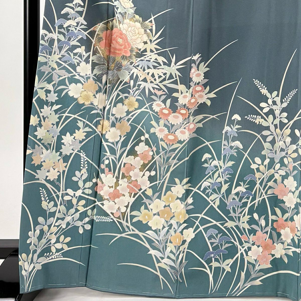 訪問服 身長169cm 袖長67cm M 雙層 秋草 金彩裝飾 漸層 青灰 純蠶絲 秀品級