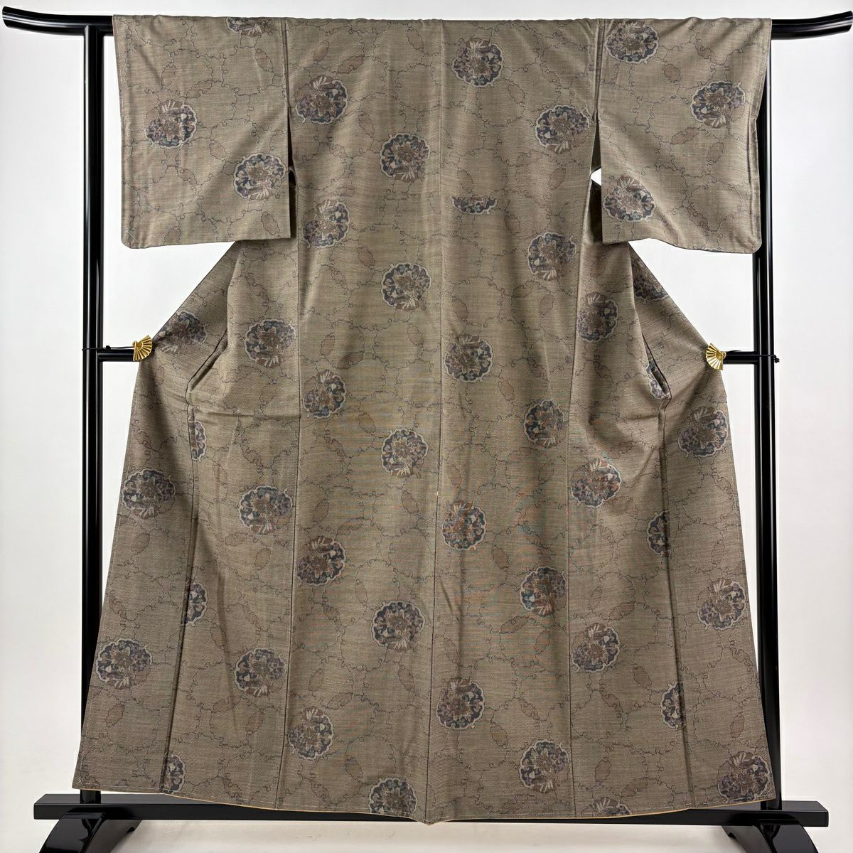 紬織 身長159.5cm 袖長64cm M 雙層 證書齊全 雪輪 草花紋紋 淺茶 純蠶絲 優品級