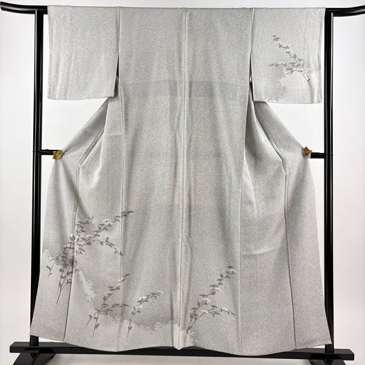 付下 身長157.5cm 袖長62cm S 雙層 菊花 花紋 金絲 刺繡 灰白 純蠶絲 優品級