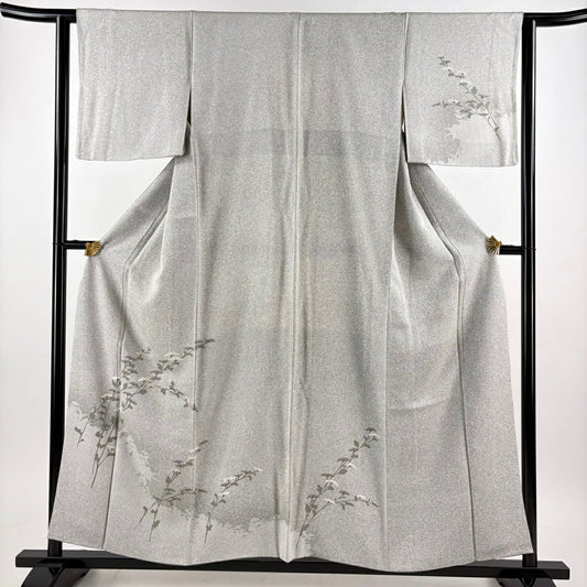 付下 身長157.5cm 袖長62cm S 雙層 菊花 花紋 金絲 刺繡 灰白 純蠶絲 優品級