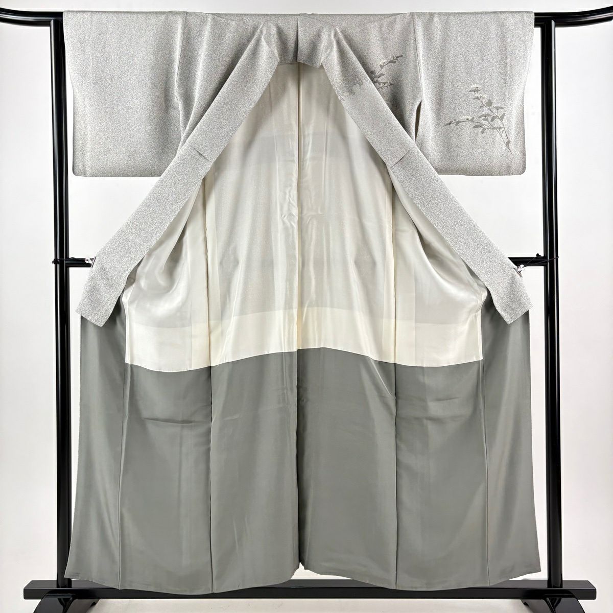 付下 身長157.5cm 袖長62cm S 雙層 菊花 花紋 金絲 刺繡 灰白 純蠶絲 優品級